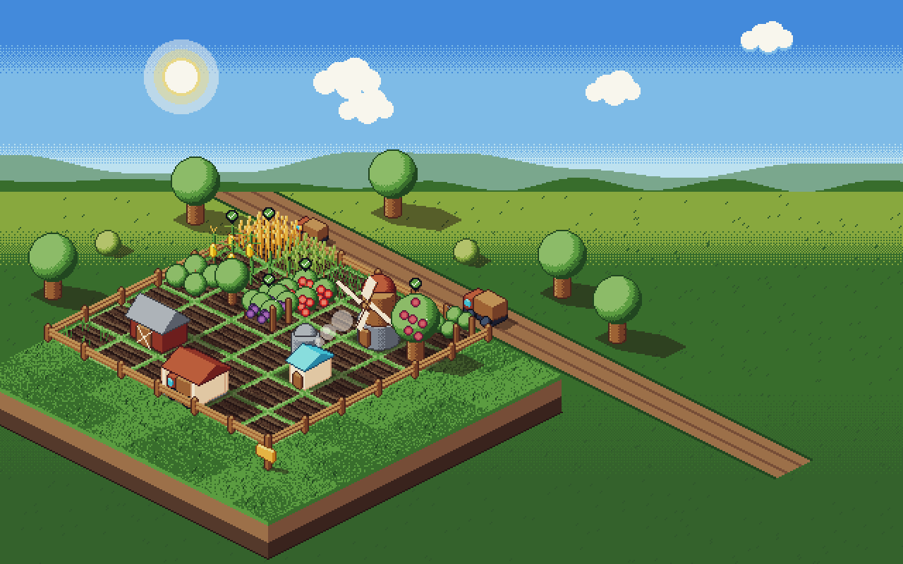 Isometric pixel art farm on a floating block of land: fenced plots of wheat, tomatoes, grapes and apples, a barn, a windmill, a farmhouse and a delivery truck on a road, under a blue sky with clouds.